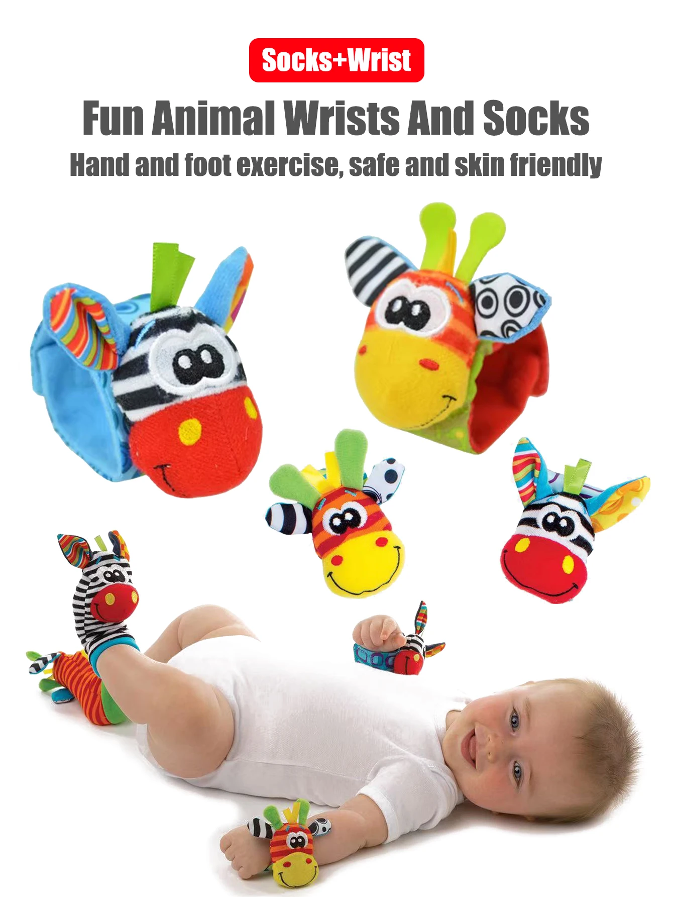 1Set of 4pcs 2 socks and 2 wrist straps Baby Early Sensory Toys  Cartoon Animal Wrist Ring Socks Baby Wrist Band Socks Set