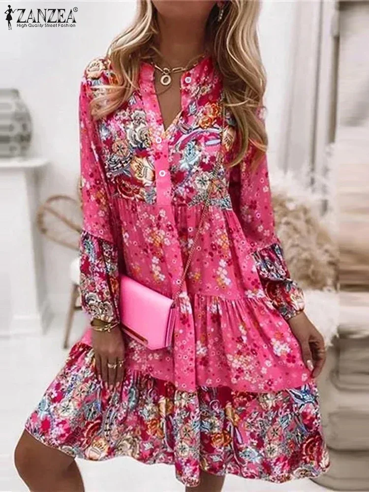 ZANZEA Bohemian Vrouwen Feestjurken Lange Mouw Bloemen Gedrukt Knielange Zonnejurk 2025, Herfst Casual Vintage Verstoorde Vestidos