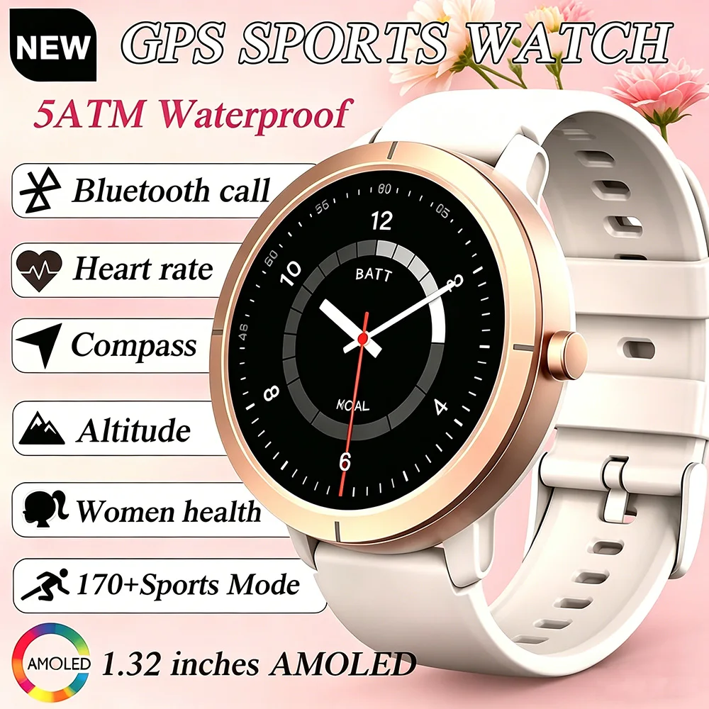 Reloj Inteligente GPS 2026 con Pantalla AMOLED de 1.32 Pulgadas, Llamadas por Bluetooth, Resistente al Agua 5ATM, 170 Modos Deportivos, Batería Grande de 360mAh, para Hombres y Mujeres
