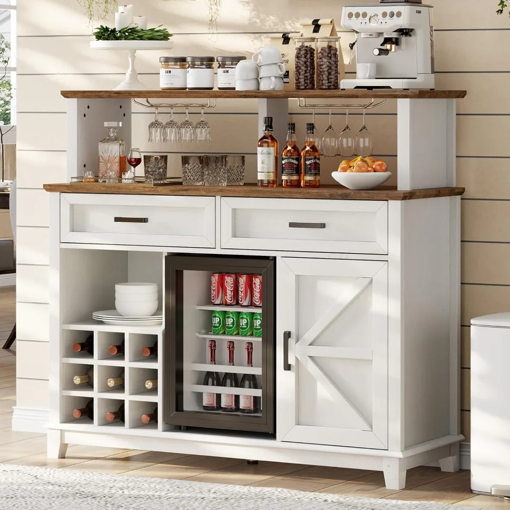 

Farmhouse Coffee Bar Cabinet with Beverage Refrigerator Cooler, 47" Wine Bar Cabinet w/15 Mini Fridge, Barn Door & Glass Racks