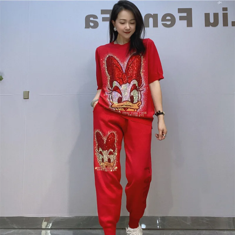 

Disney Cartoon Daisy Women's Knitted Short Sleeved Pants Set Fashion Spring Summer New Style Hot Diamond Design Loose Casual Set
