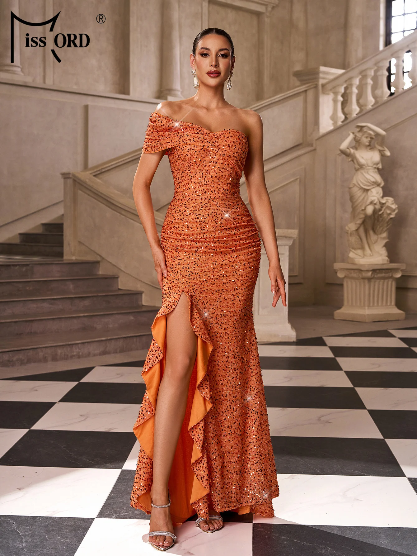 ミスオード 新作 アシンメトリー スプリット スパンコール イブニングドレス 結婚式 誕生日パーティー エレガント 美しい レディース 高級 マキシドレス
