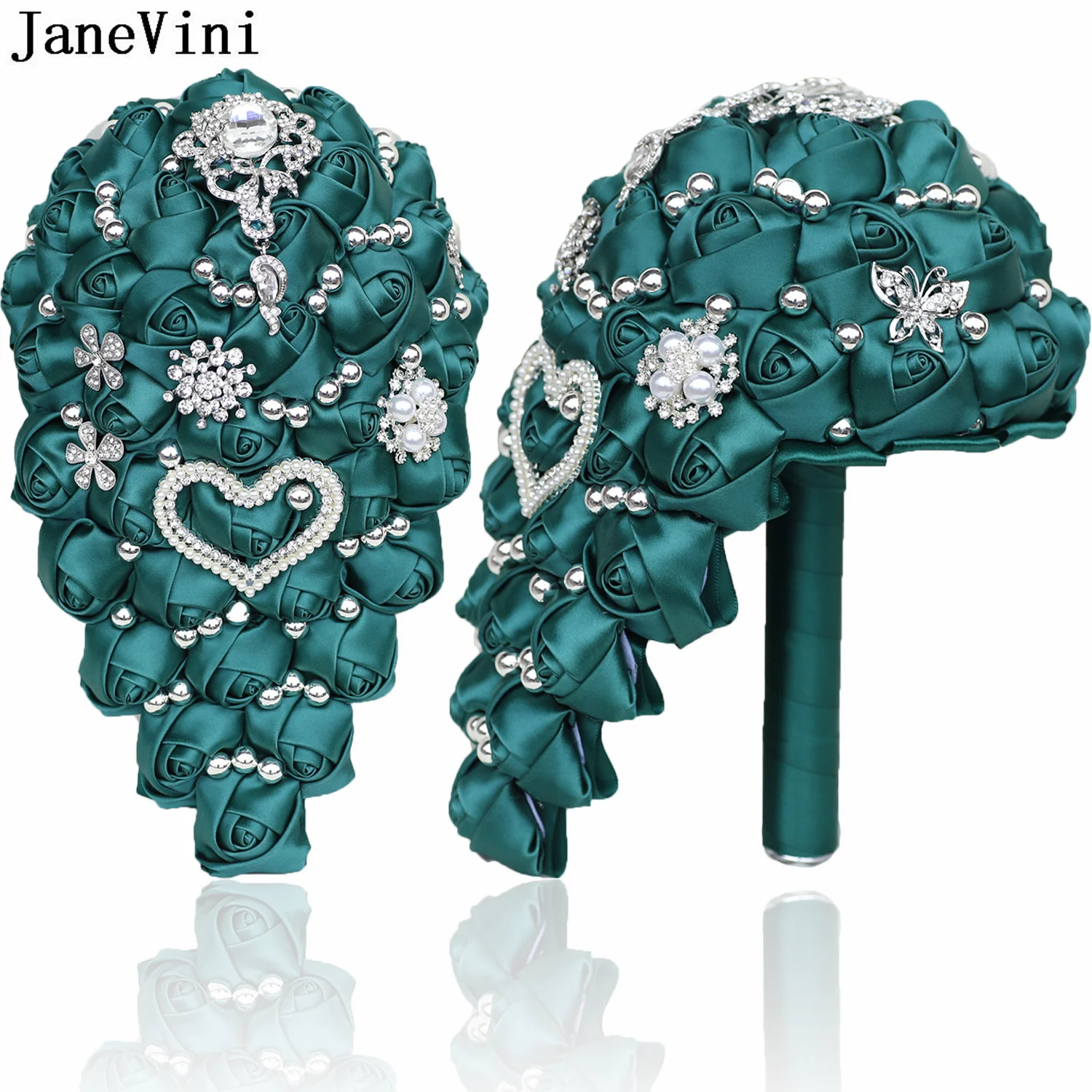 

JaneVini Luxury Gold Rhinestones Waterfall Wedding Bouquet Sparkly Jewelry Silver Crystal Bridal Hand Flowers Boeket Bruiloft