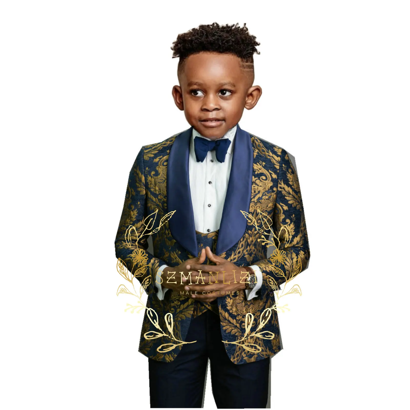 

Suit For Boys Kids Wedding Tuxedo Formal Navy Blue Floral Jacket Set 3 Piece Shawl Lapel Blazer Vest Pants Fashion Child Costume