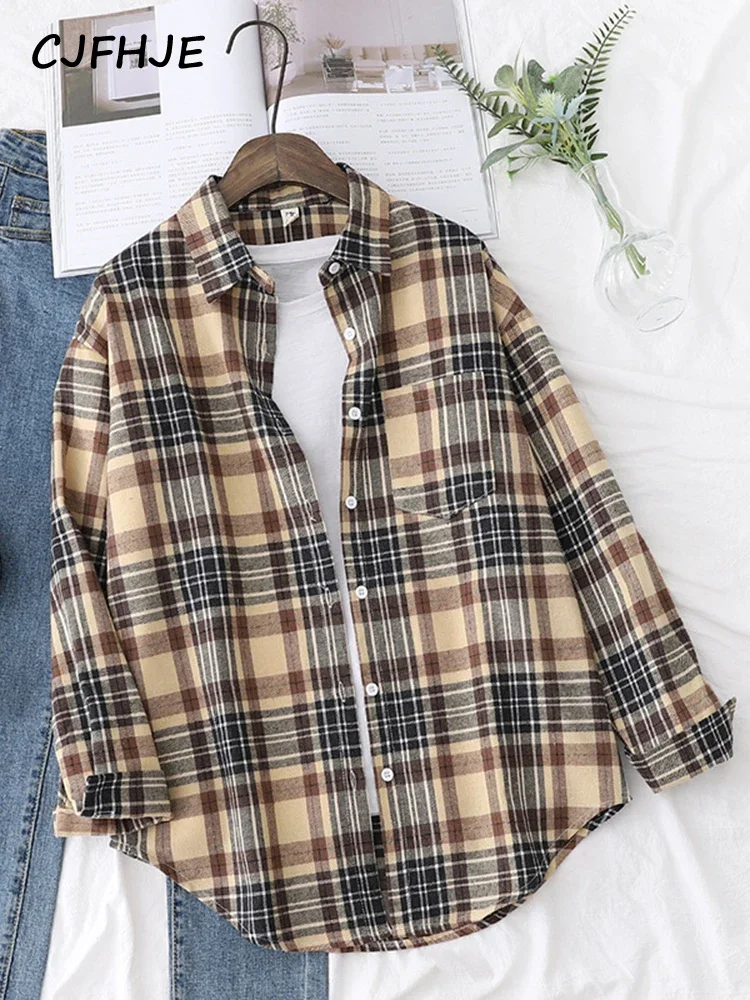 CJFHJE Herbst Neue frauen Vintage Oversize Flanell Kariertes Hemd mit Taschen Volle Hülse Drehen Unten Kragen Bluse Casual Tops