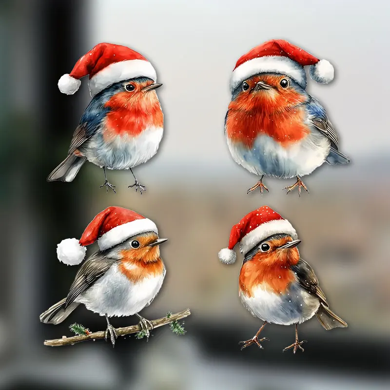 4 Stück/1 Blatt Weihnachtsvogel-Fensterglas-Aufkleber, selbstklebender Vinyl-Aufkleber für Wohnzimmer, Schlafzimmer, Küche, wasserdichte Heimdekoration