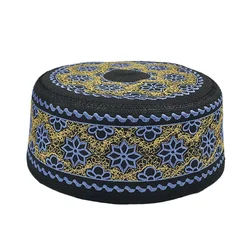 New Hui Men's Worship Hat Flat-topped Round-brimmed Gold and Blue Embroidery Saudi Hats Islam Homme Jewish Kufi Islamic Cap Men