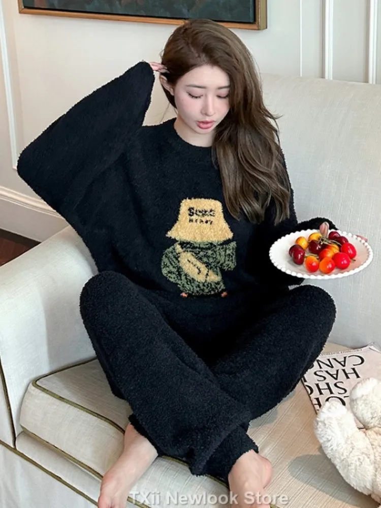 

TXii Newlook Soft Pajamas Women Autumn and Winter New Simple Loose Casual Half Velvet Thickened Warm Home Clothes suit