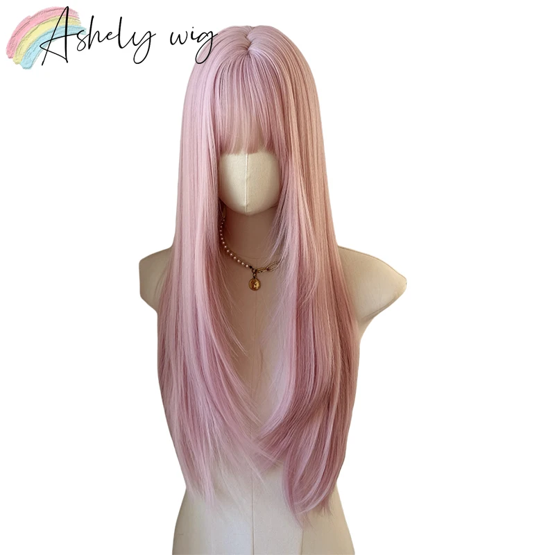 Ashley Pink Perücke mit Pony, 71,1 cm lange, glatte Haarperücke für Frauen, süße Lolita-Hochtemperaturfaser-Synthetikperücken für Cosplay