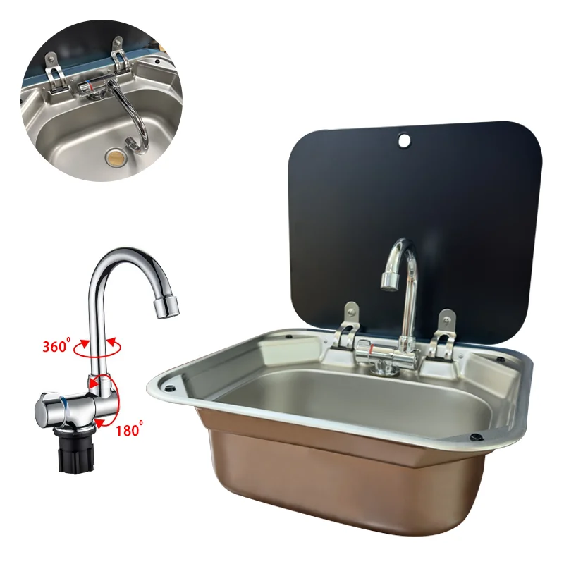 

RV Caravan Camping Stainless Steel Hand Wash Basin Sink with Tempered Glass Lid RV Accessories RV Stainless Steel Covered Sink