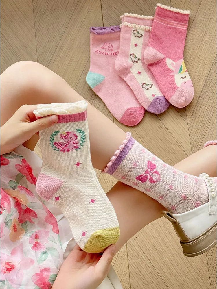 5 Pairs Girls Socks Autumn Winter Cotton Socks Baby Mid Calf Socks Unicorn Cartoon Socks Kids Cute Pattern Socks