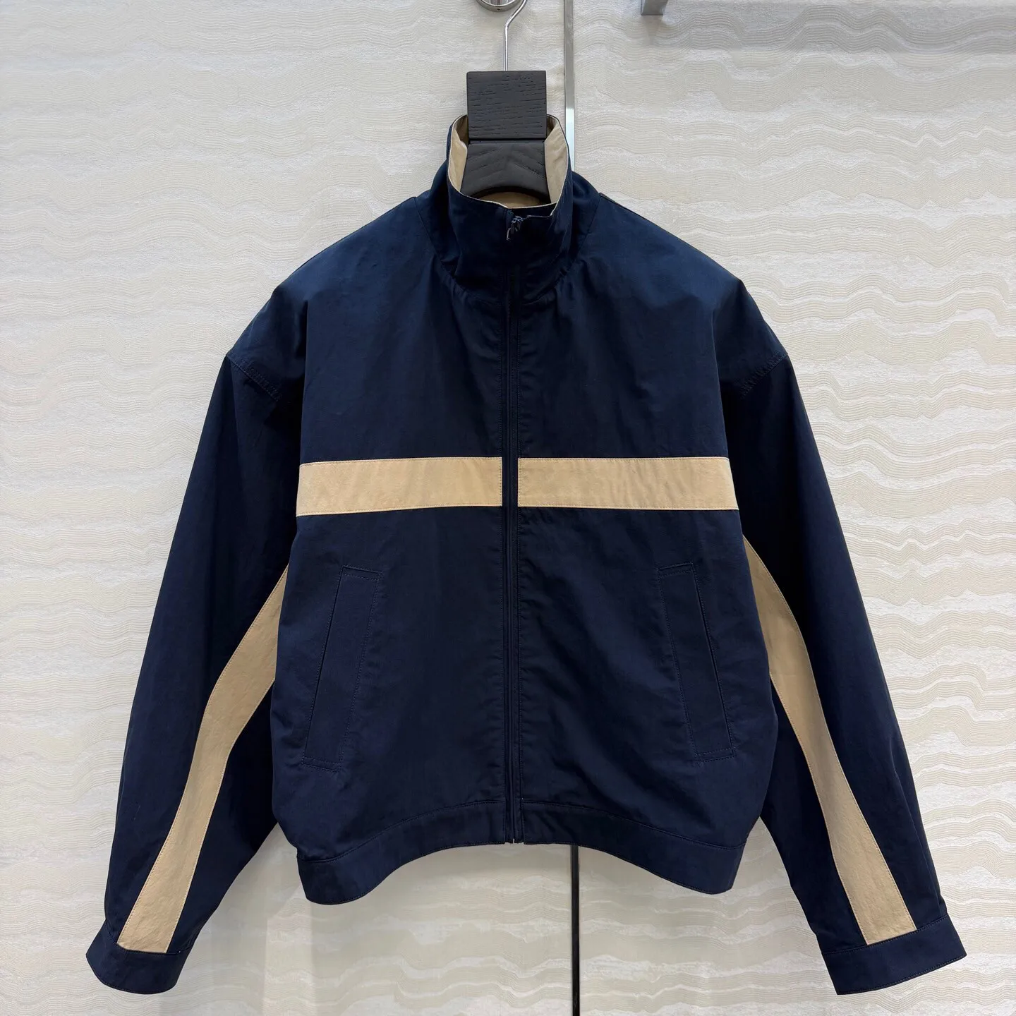 New Color Block Striped Khaki Zipper Stand Collar Short Trench Coat Women's Windbreaker Jacket