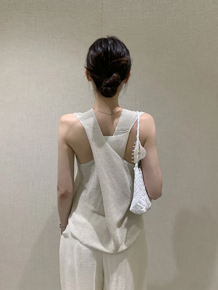 

Korejpaa Back Cross Knit Vest Women 2025 Summer New Korean Style Sleeveless Top Elegant V Neck Simple Solid Tanks Clothes