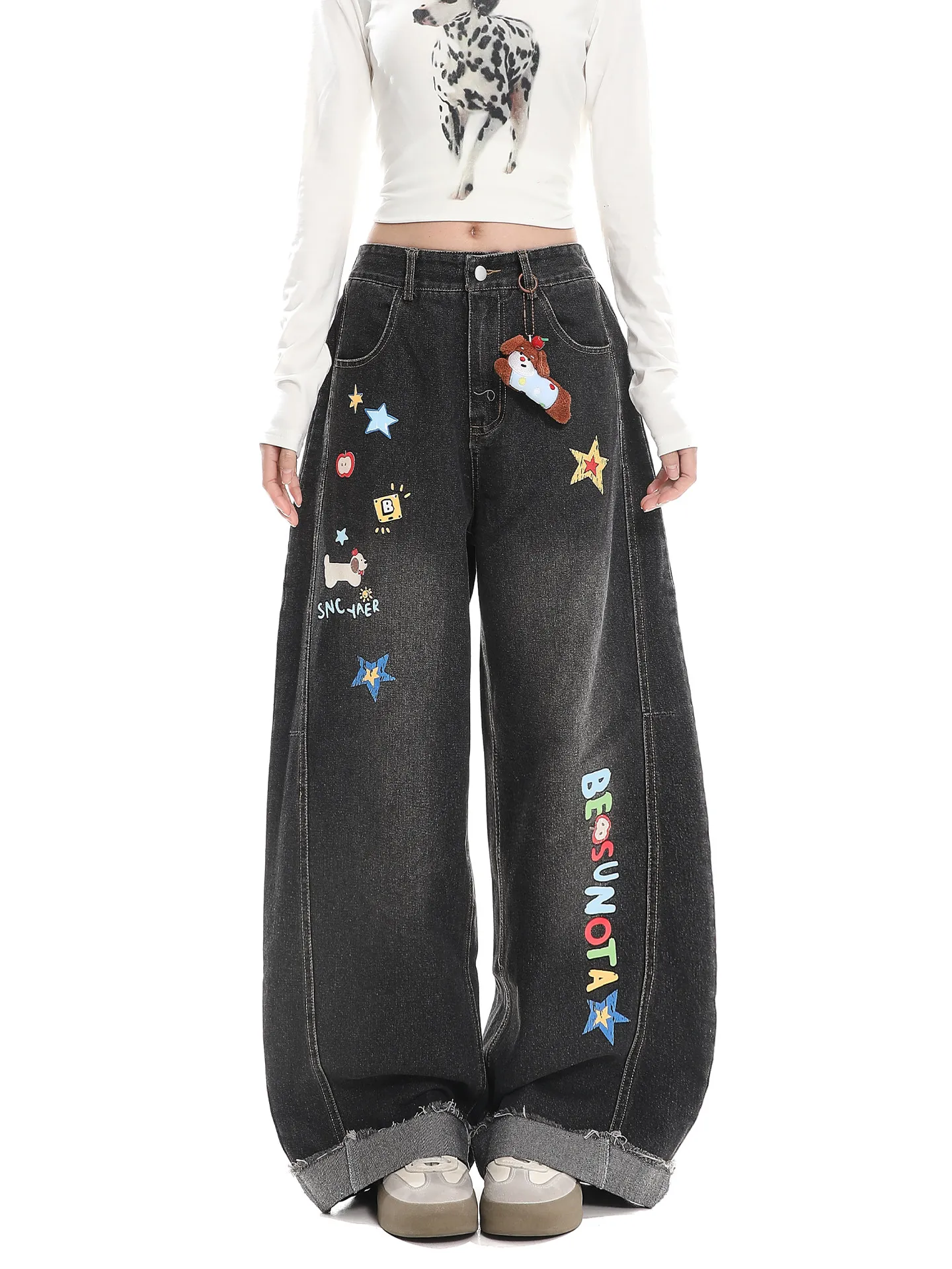 

Американские джинсы с мультяшным принтом в стиле ретро, женские, весенне-осенние, свободные, повседневные, с высокой талией, широкие, длинные брюки, модные, с эффектом потертости