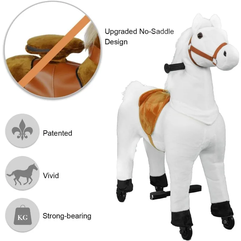 Passeio de cavalo para crianças (43,3 "altura 5 para idade de 7 adultos) Equitação de cavalo de pelúcia andando passeio de animal em brinquedos (branco)