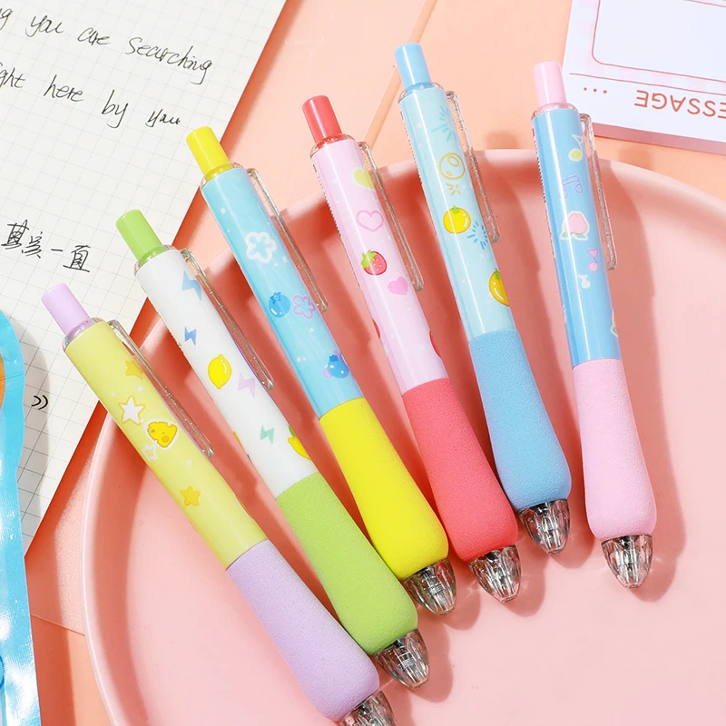 6pcs Summer Dopamine Press Gel Pens, 0.5mm Black Ink, High-value Soft-grip Soft Sponge, Cute and Exquisite Student Signature Pen