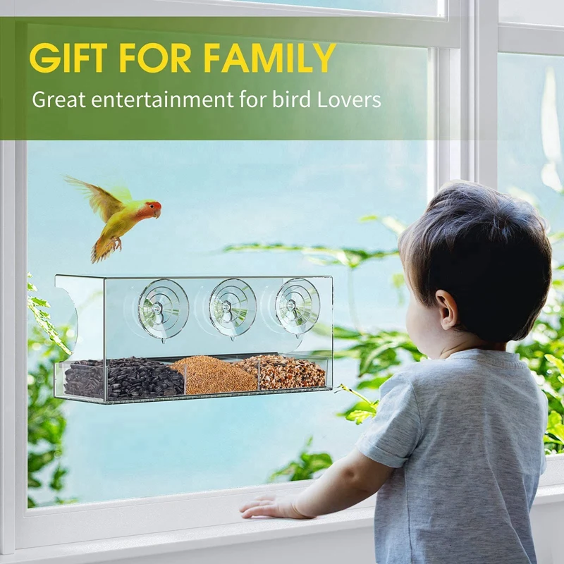 Window Bird Feeders With Strong Suction Cups, Clear Bird Feeder For Outside, Bird House With Lift-Up 3 Compartment Trays