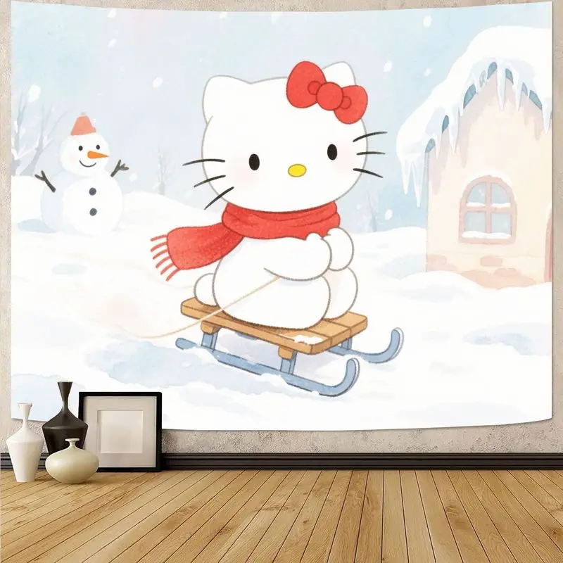 1 Buah Permadani Kereta Luncur Musim Dingin Hello Kitty Lucu Seni Dinding Poliester Nyaman Sempurna untuk Kamar Anak-anak Dekorasi Ruang Tamu Hadiah untuk Pecinta Kucing