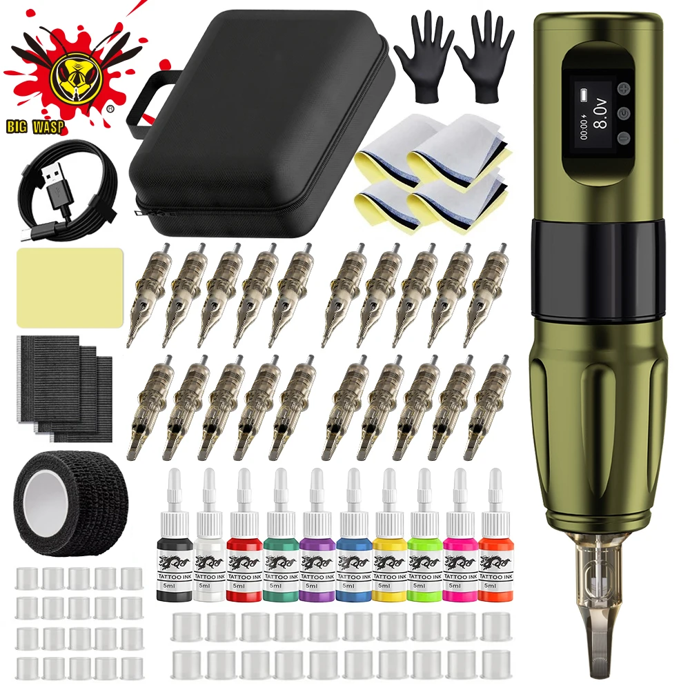 BIGWASP Wireless Tattoo Machine Kit 1800mAh Battery Rotary Tattoo Machine with 20Pcs Cartridge Needle for Tattoo Beginner Supply