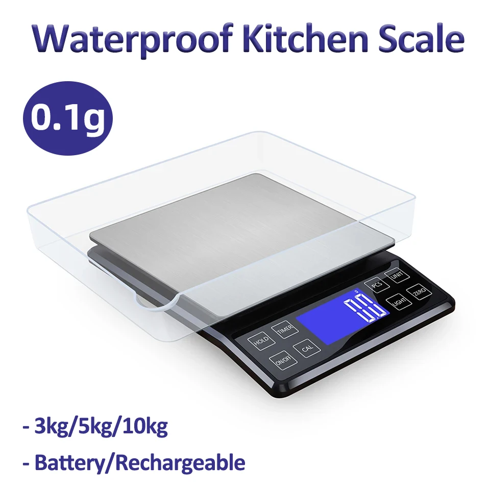 Báscula Digital de acero inoxidable para cocina, balanza electrónica de alta precisión de 0,1g, 3kg/5kg/10kg, resistente al agua, para el hogar