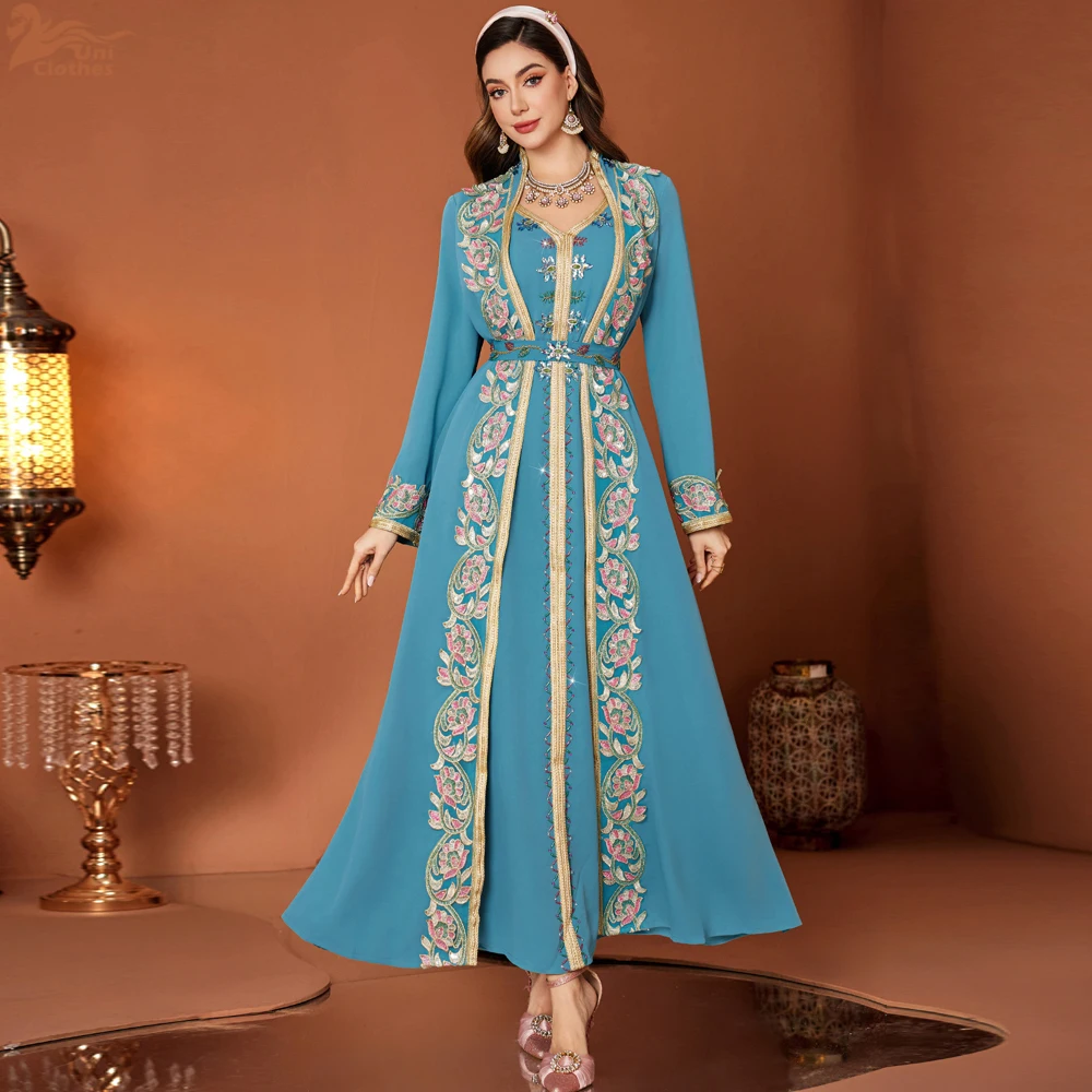 

2025 Muslim Abaya Dresses Women Elegant V Neck Lace Embroidered Wedding Evening Party Dress Morocco Caftan Robe ﻿