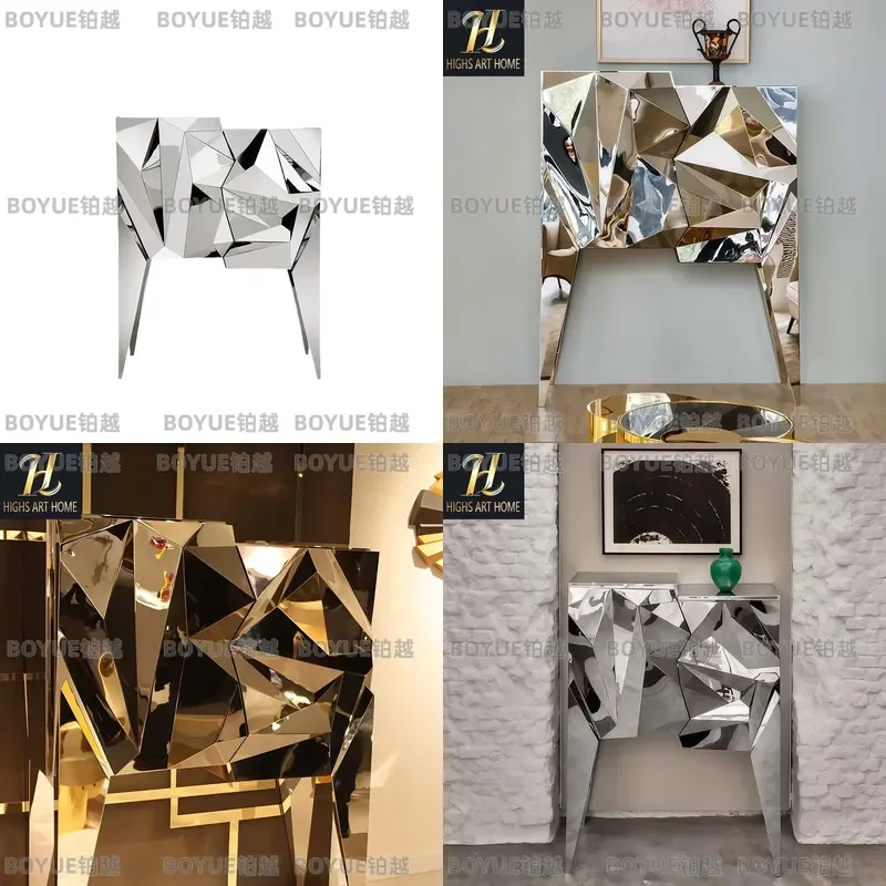 Artistic Geometric Mirror Metal Wine Cabinet High End Creative Villa Living Room Solid Wood Decorative Storage Furniture