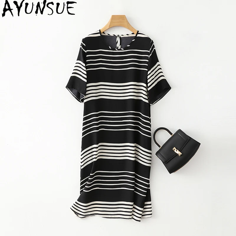 

AYUNSUE 92% Real Mulberry Silk Dresses 2024 Women Striped Summer Dress Loose Women Clothes Mid Long Dresses Robe Eté 2024 Femme