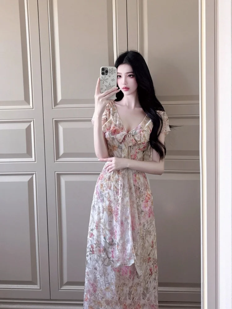 Retro Floral Trim Dr Women's Summer Slimming Long Skirt Vaion Sle ort Sve V-Ne Breathable Comfortable Fit Body...