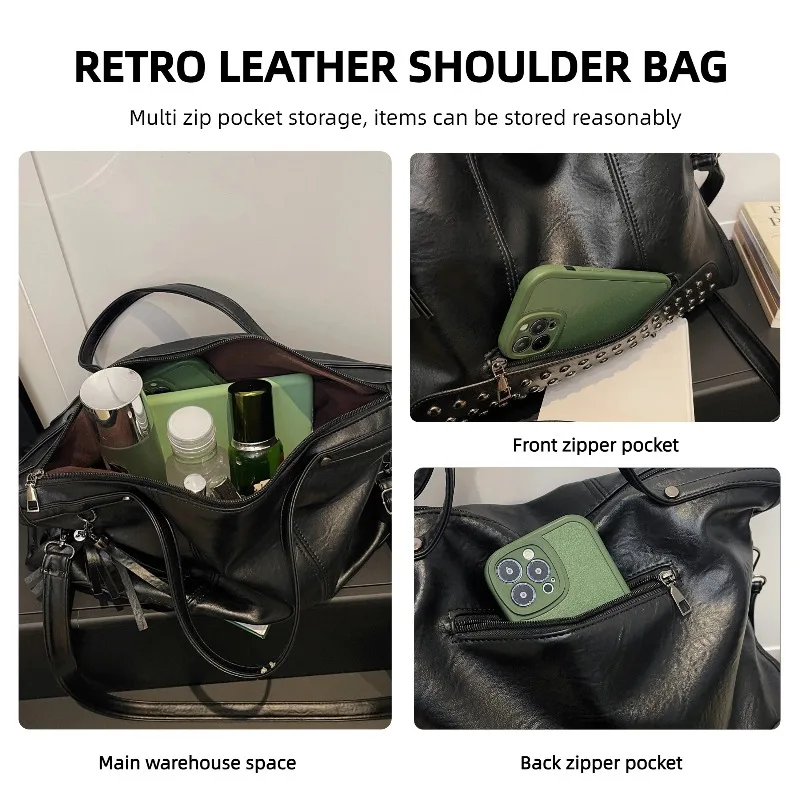 Damen-Handtasche mit Nieten- und Quastenverzierung, Weiche PU-Leder Schultertasche, Große Umhängetasche für den Alltag – Detail 10