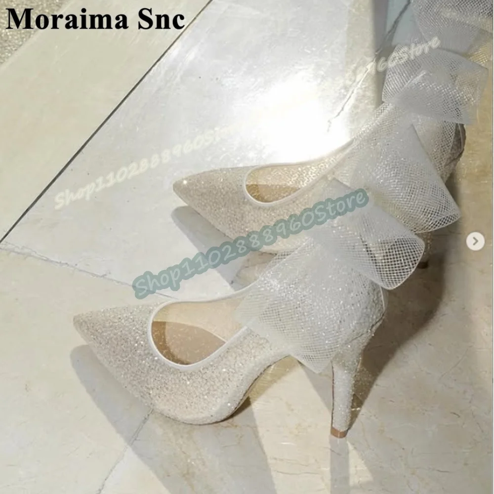 

White Sparkling Shallow Bowknot Wedding Pumps Thin High Heel Shoes For Women Slip On Pointed Toe Gorgeous Luxury Women Pumps