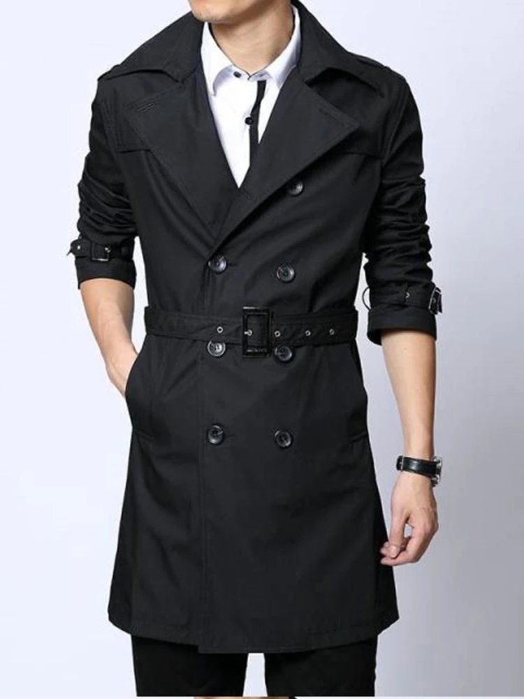 

Men's Mid-Length Fce-Lined Thiened Coat Spring Autumn Casual Youth Faion Waterproof Windproof Double-breasted Jaet