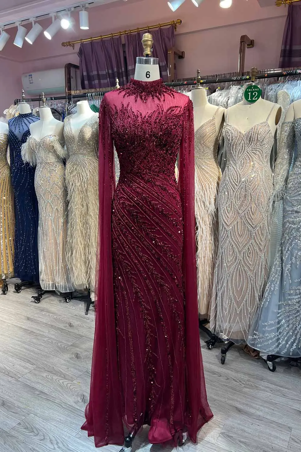 YQLNNE Muslim Burgundy Evening Dresses Long Handmade Beaded Tulle Party Gown Mermaid High Neck