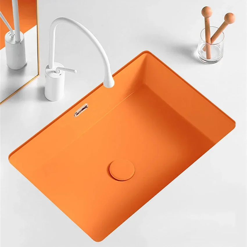 Lavabo de fondo cuadrado de fondo plano naranja, fregadero empotrado, lavabo individual de cerámica de colores moderno y sencillo, lavabo para balcón