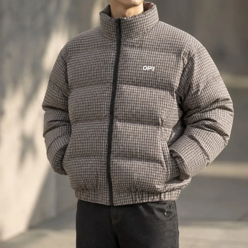 Men Plaid Stand Collar Puffer Jacket Winter Cotton Padded Thick Warm Zipper Side Pockets Elastic Hem Streetwear Casual Outerwear