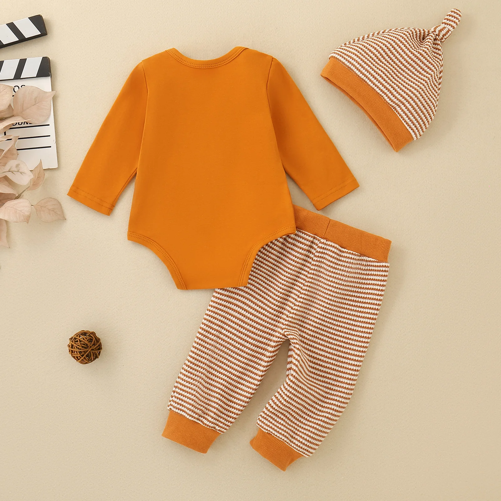Infant Autumn 3‑Piece Clothing Set Letter Romper Croissant Embroidery Striped Trousers Knitted Hat Baby Thanksgiving Daily Outfi