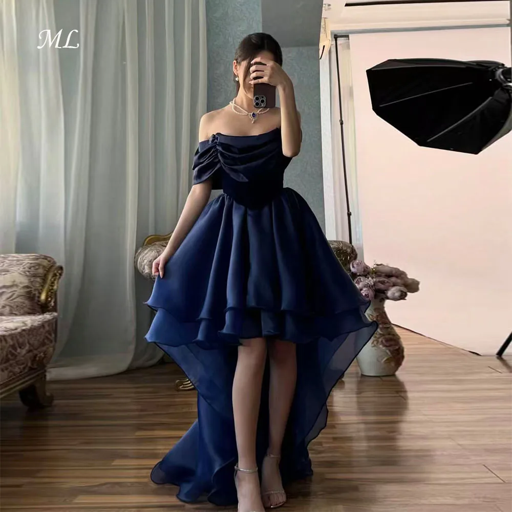 ML Vintage High Low Evening Dress Off Shoulder Dark Blue Sweep Train Birthday Party Dresses Formal Prom Gown Customized New 2026
