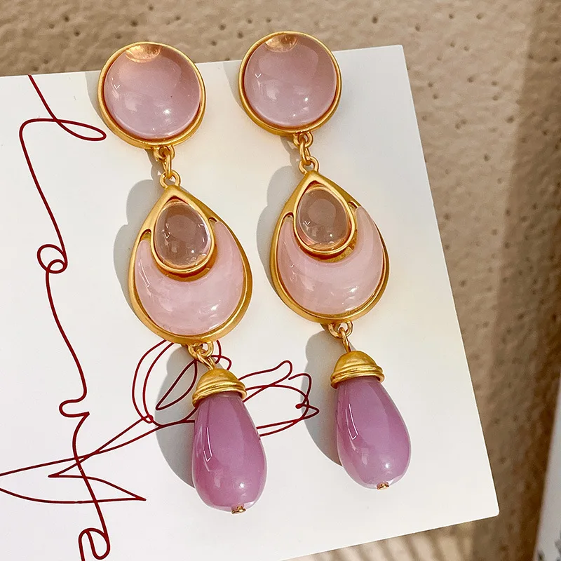 women antique pink crystal contrasting color earrings retro water drop dangle earrings