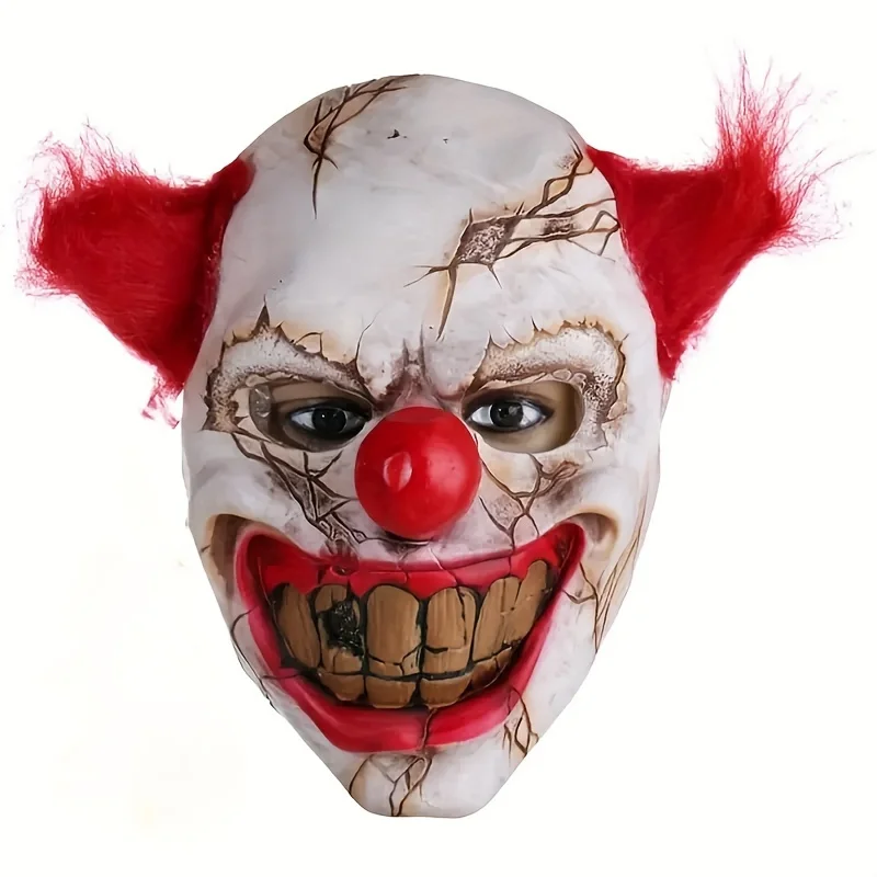 Realistic Latex Bad Clown Devil Mask with Red Wig,Smiling Zombie Full Face Mask Dress Up Accessories,Halloween Cosplay Costume