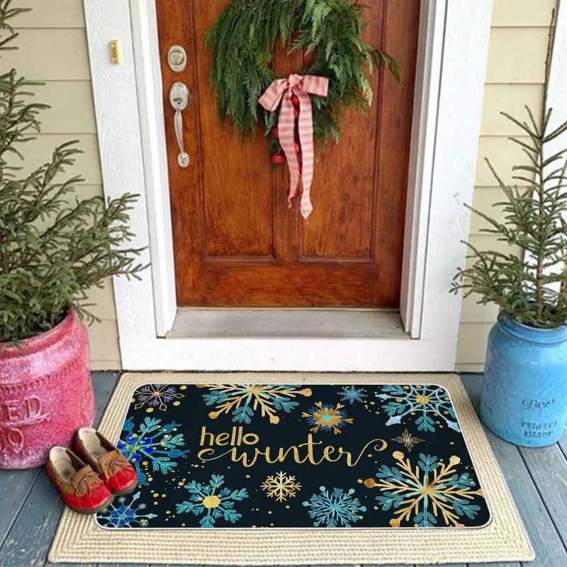 2025 New Year Christmas doormat indoor and outdoor carpet blue gold snowflake decoration floor mat 61X90cm