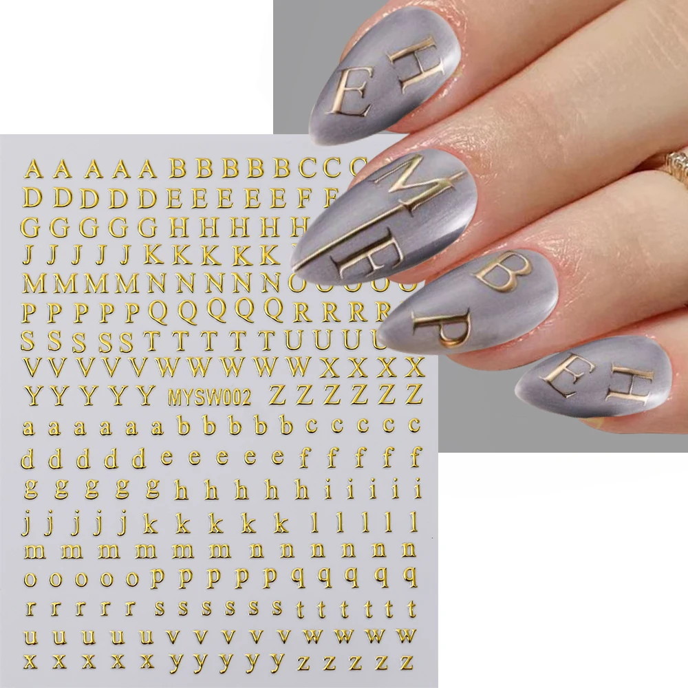 3Pcs/set 3D 26 Roman Letters Nail Stickers Black Rose Gold,Gold English Alphabet Nail Decals Uppercase Lower Case Letter Sliders
