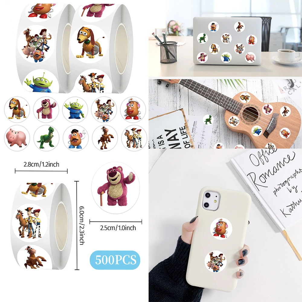 

500pcs Disney Toy Story Anime Stickers Roll Cartoon Round Seal Label Decals for Skateboard Guitar Laptop Cute Decoration Sticker