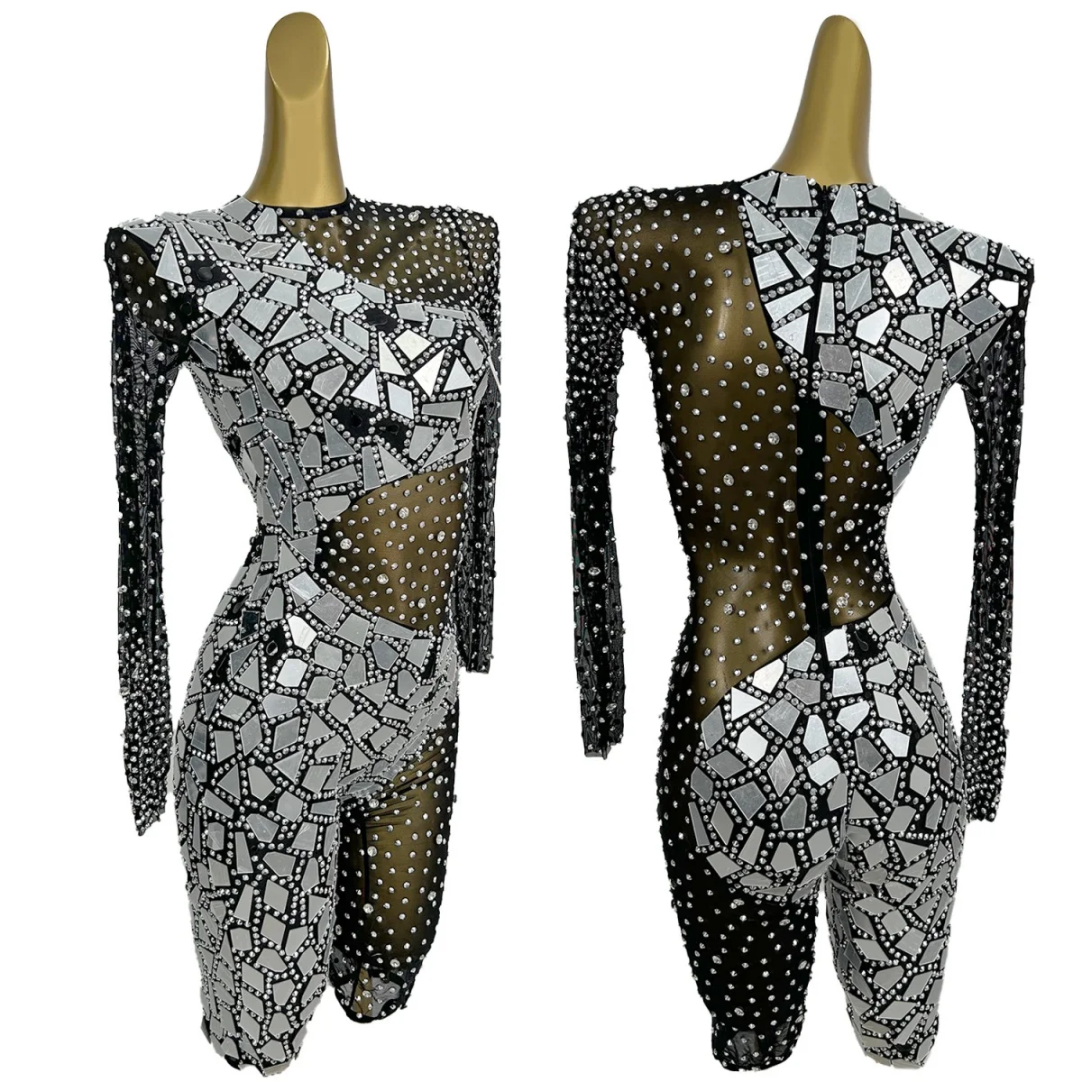 Sexy Women Black See Through Mesh Bodysuit Sparkly Rhinestone Mirrors Tight Fitting Catsuit Club Party Event Show Wear Shanfeng