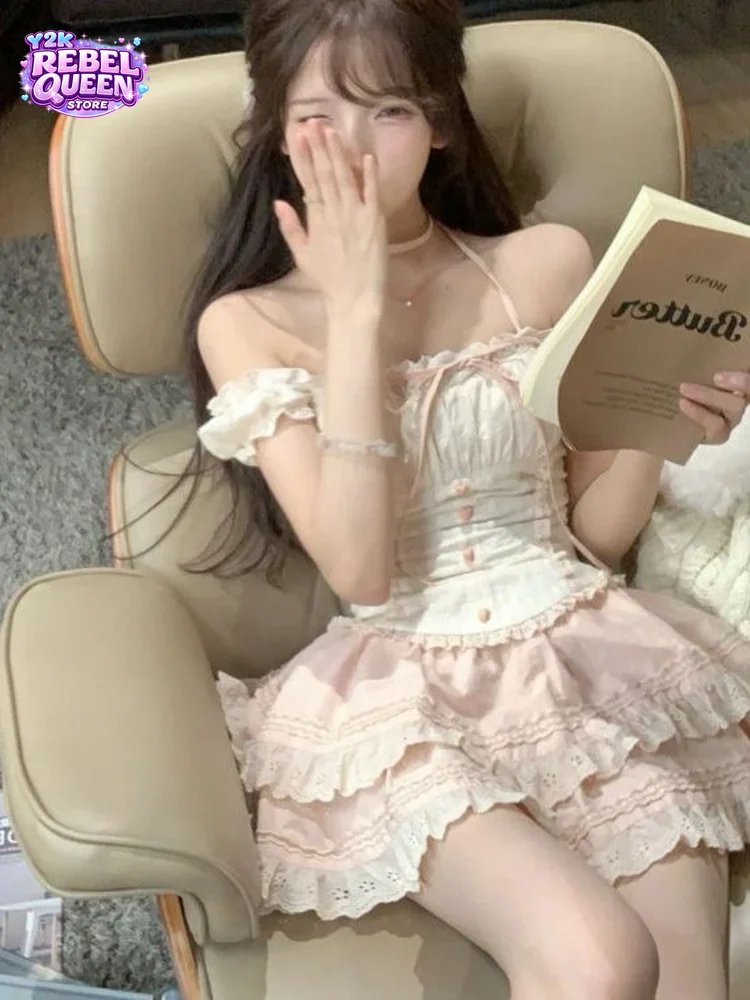 Coquette Sweet 2 Piece Set Women Halter Neck Off Shoulder Lace Ruffle Bow Corset Top Layered Mini Skirt Slim Fit Dress Sexy Eleg