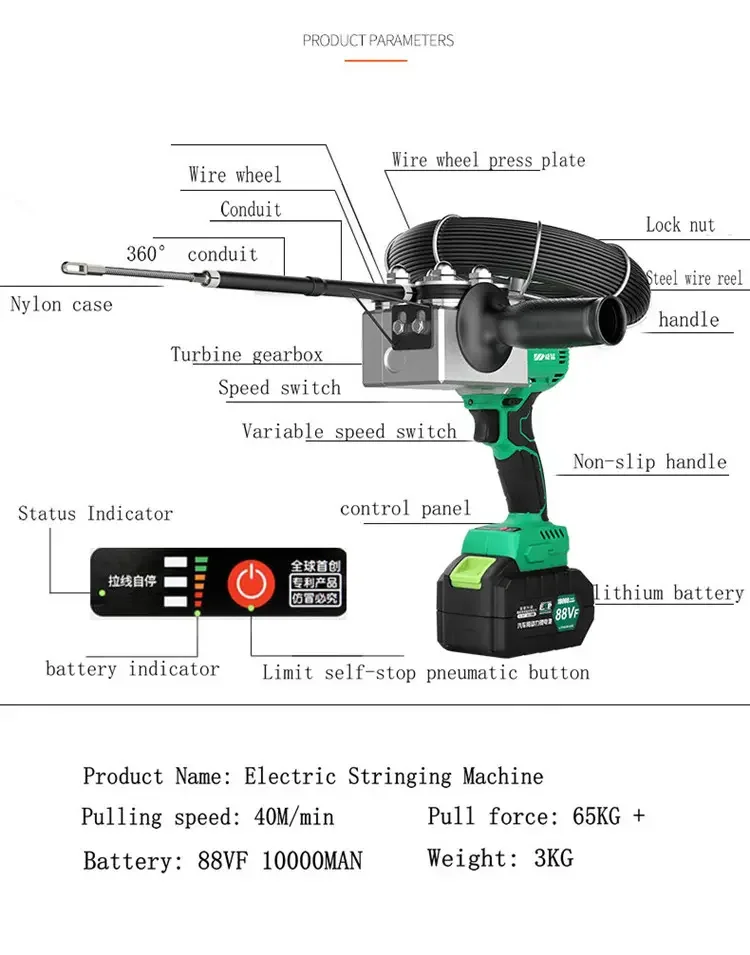 Automatic Electrician Tools Lithium Battery Stringing Machine Electric Wire Threading Machine 40m/min Cable Puller