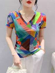 S-3XL Summer Fashion Printing Short Sleeve T-shirt Women V-Neck Slim Fit Tops Stretchy T Shirts For Female FF8131