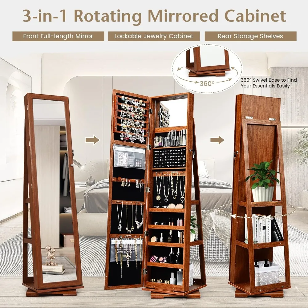 360 rotating jewelry cabinet, standing jewelry cabinet with full-length mirror and large storage space, lockable (walnut)