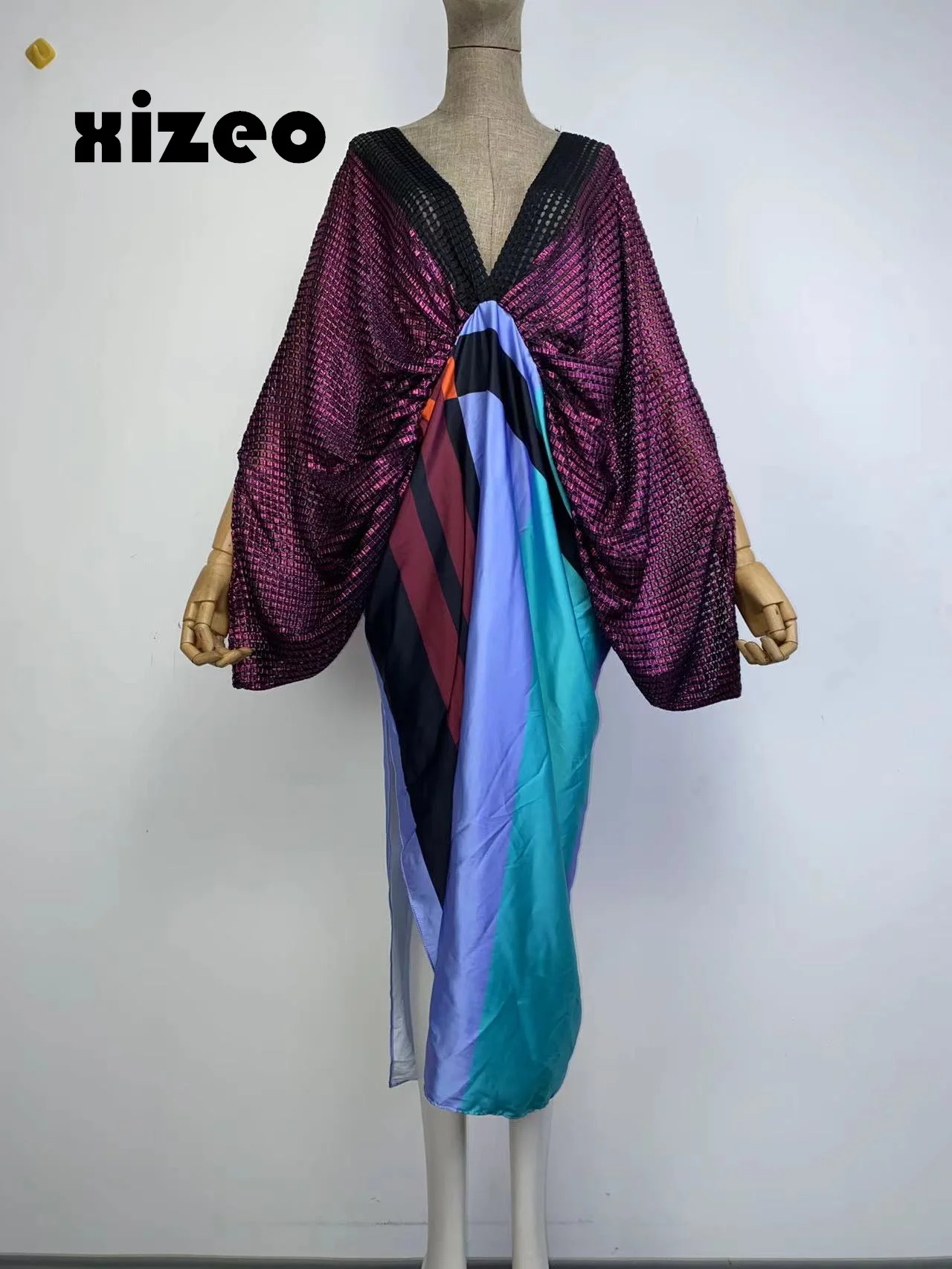 XIZEO 2023 Summer Women Cardigan Kaftan Fashion Sexy Boho African Holiday Free sSze Long Sleeve Silk Feeling Robe Kimono CAFTAN