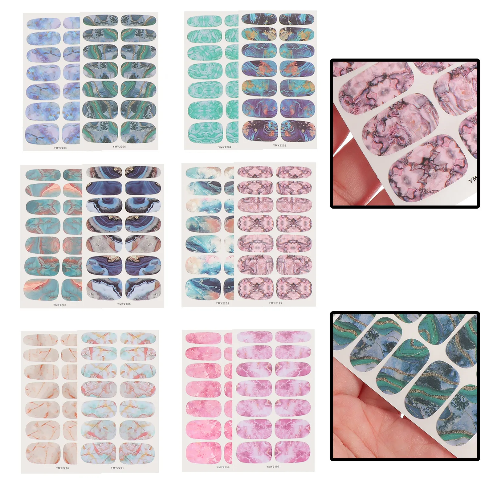 

12 Sheets Charming Nail Decal Marble Stickers Art Pattern Decor Manicure Holographic Creative Decals Female DIY