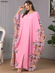 Siskakia Fashion Muslim Woman Abayas Floral Embroidery Print Batwing Sleeve Crew Neck Gorgeous Party Style Loose Islamic Clothin