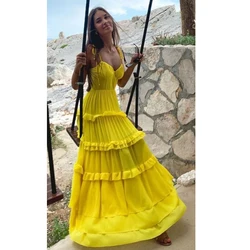 KSDN Yellow Prom Dress Women Tiered Sleeveless Spaghetti Strapless Floor Length Straight Organza Special Event Evening Gown